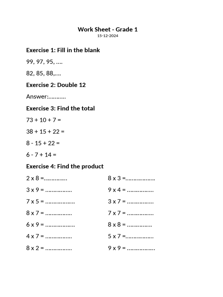 Grade 1 Math Worksheet Exercises | PDF