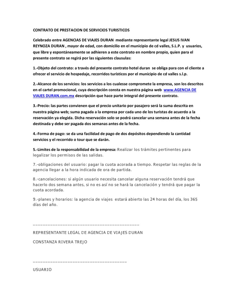 Contrato de Prestacion de Servicios Turisticos