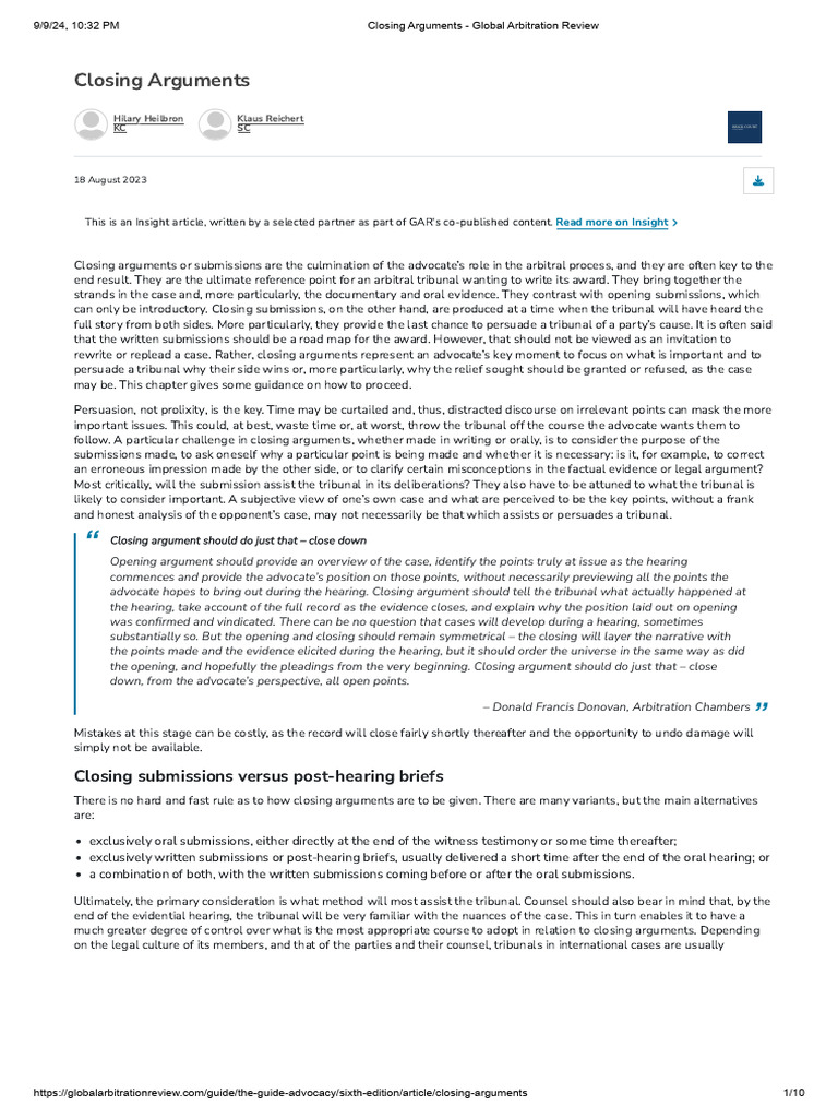 Effective Closing Arguments in Arbitration | PDF | Witness | Arbitral ...