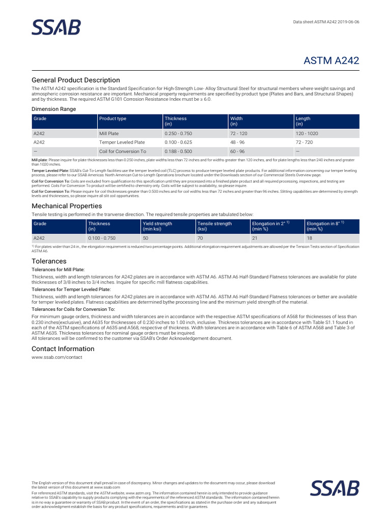 Data Sheet ASTM A242 2019-06-06 | PDF | Structural Steel | Materials