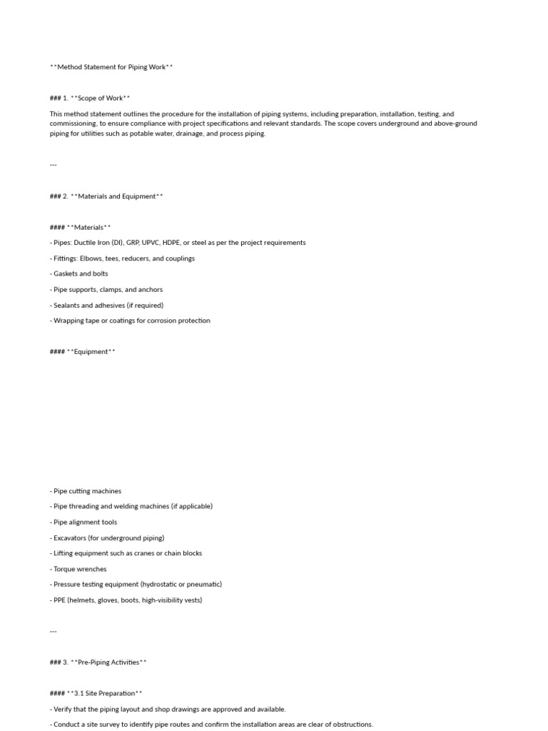 Piping Installation Method Statement | PDF | Pipe (Fluid Conveyance ...
