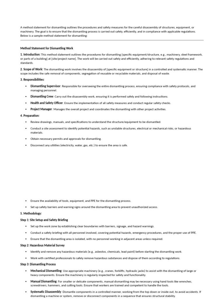 Safe Dismantling Method Statement Guide | PDF | Personal Protective ...
