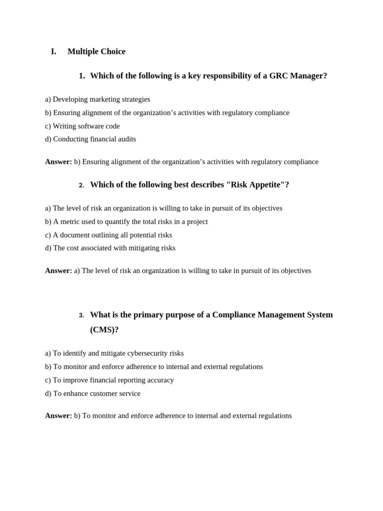 GRC - Exam - Ans | PDF | Internal Control | Regulatory Compliance