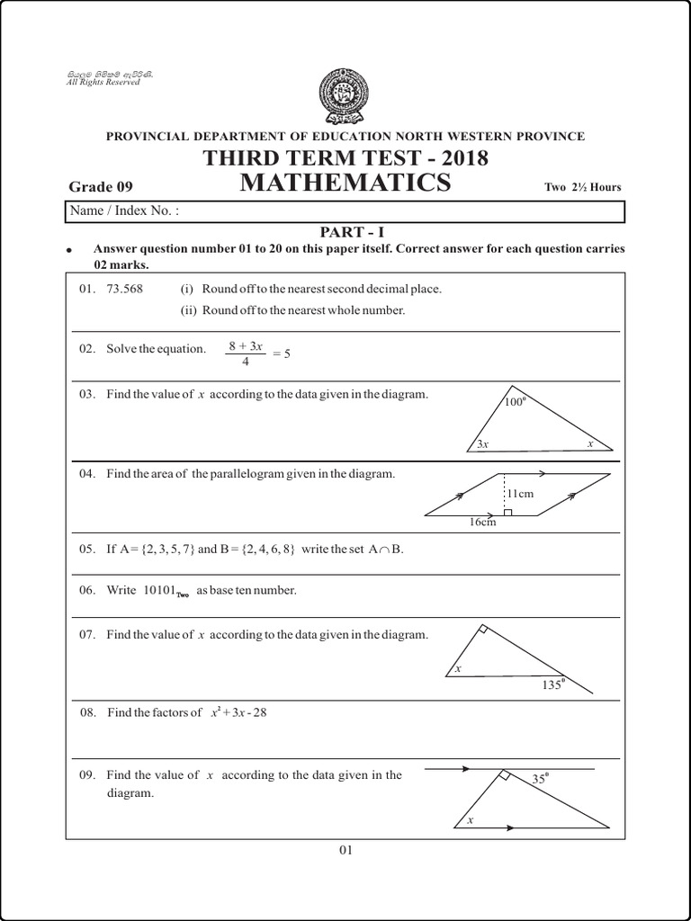 Grade 09 Mathematics 3rd Term Test Paper 2018 English Medium | PDF ...
