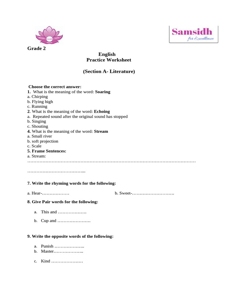 Grade 2 English Practice Sheet | PDF | Linguistics