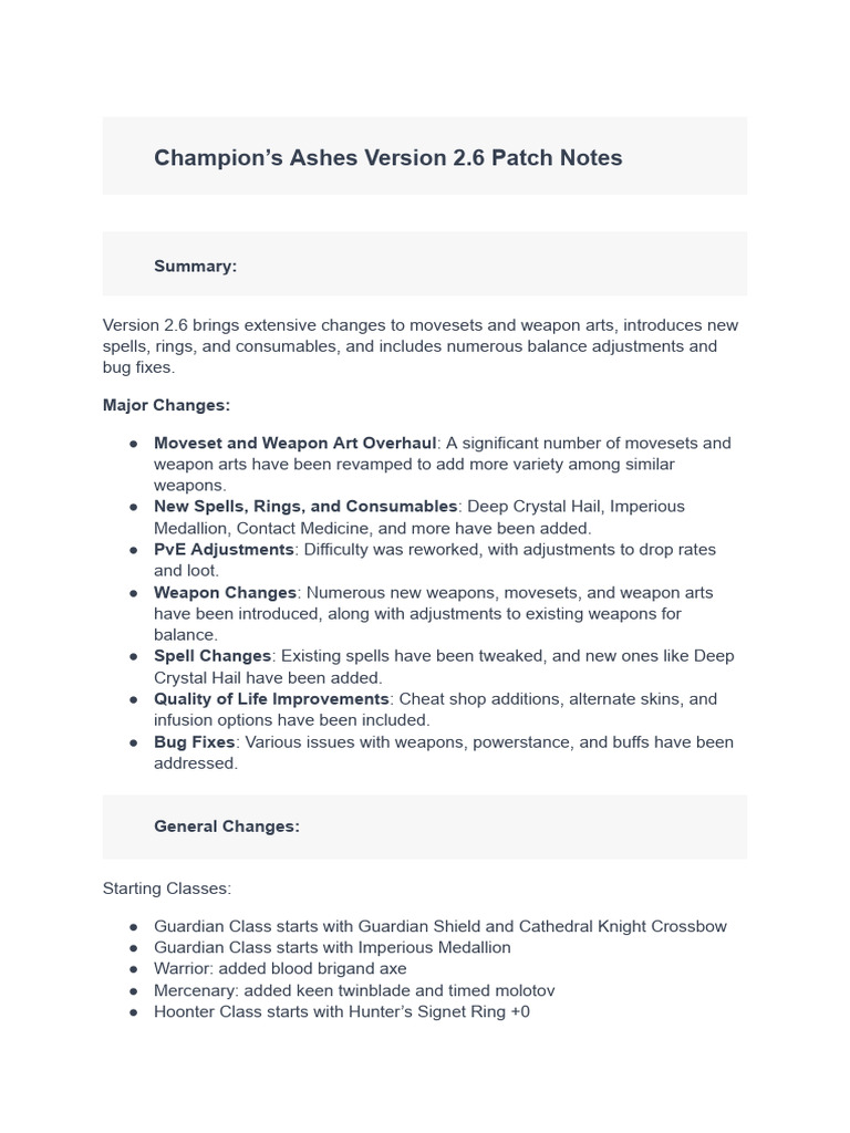 Champion's Ashes Version 2.6 Patch Notes | PDF