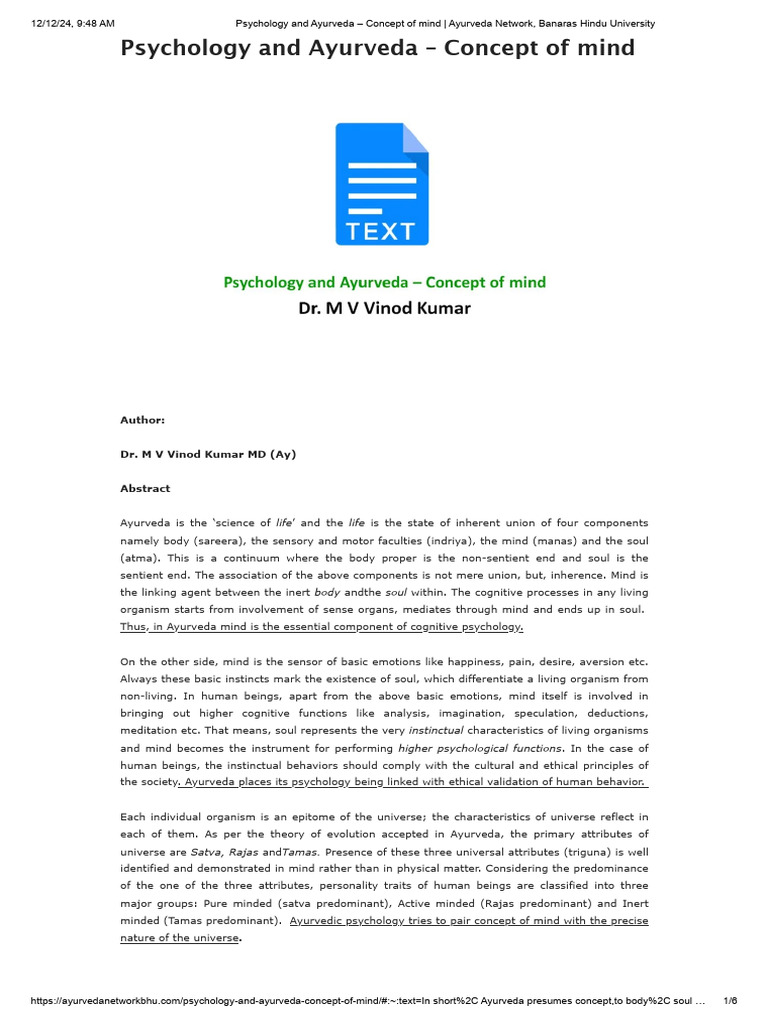 Ayurveda And Psychology Pdf Mind Id