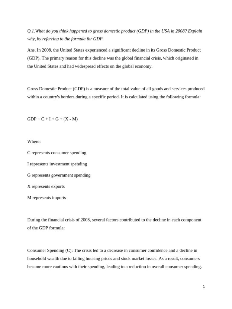 USA GDP Decline in 2008 Explained | PDF | Recession | Gross Domestic ...