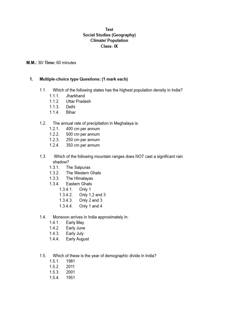 Class IX Geography: Climate & Population Quiz | PDF