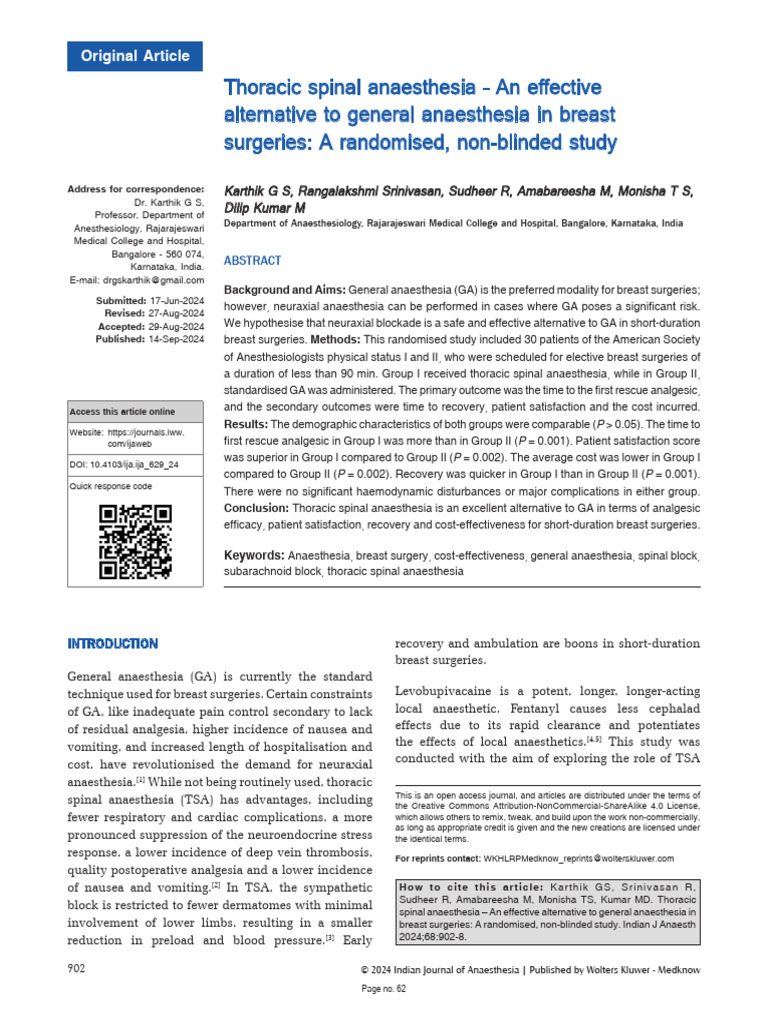 Thoracic Spinal Anaesthesia An Effective.10 | PDF | Anesthesia | Surgery