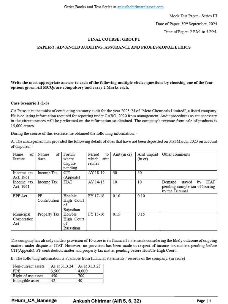 Advanced Auditing Mock Test Paper Pdf Audit Auditor S Report