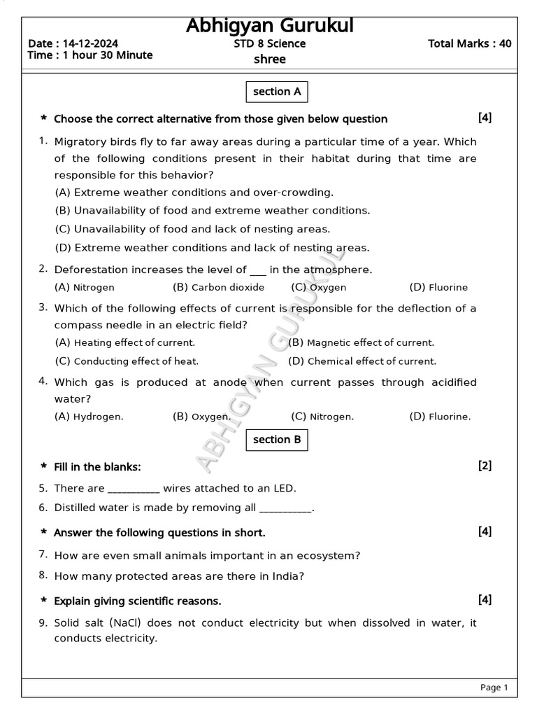 STD 8 Science Exam Paper Guide | PDF | Water | Nitrogen