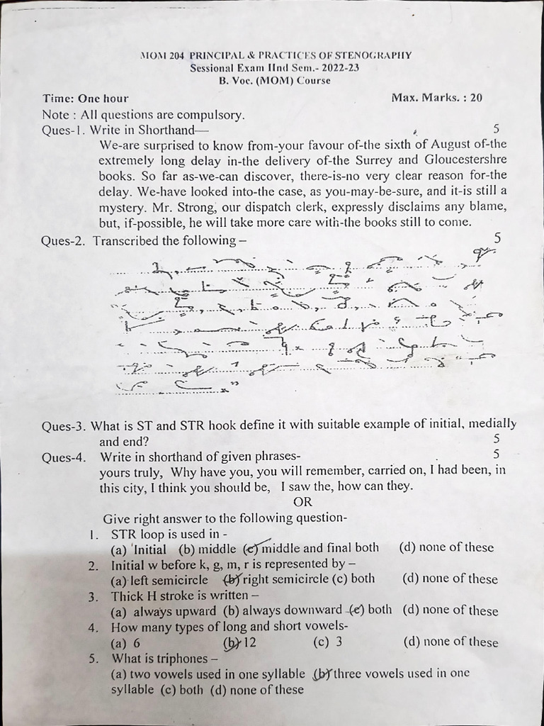 Steno 2nd Sem Sessional Paper 2022-23 | PDF