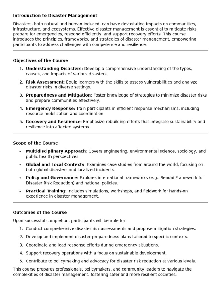 Introduction to Disaster Management Course | PDF | Emergency Management ...