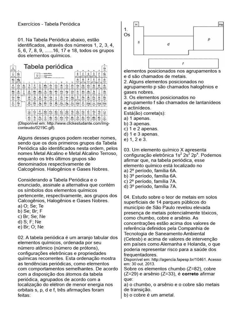 Exercícios sobre Tabela Periódica e Elementos Químicos | PDF | Tabela ...