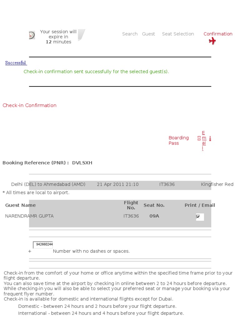 Kingfisher Flight Check-in Confirmation | PDF | Business | Computers