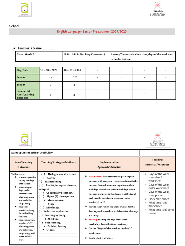 Grade Two 1st Semester 3rd Week Lesson Plan | PDF | Cognitive Science ...