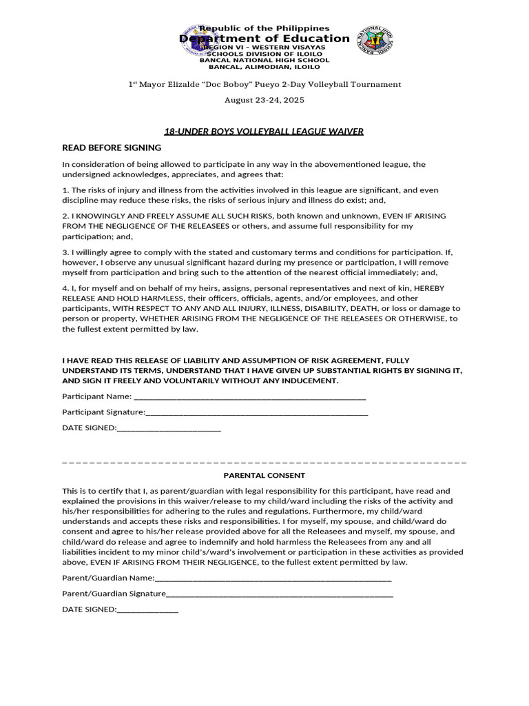 Volleyball League Waiver Form | PDF | Indemnity | Consent