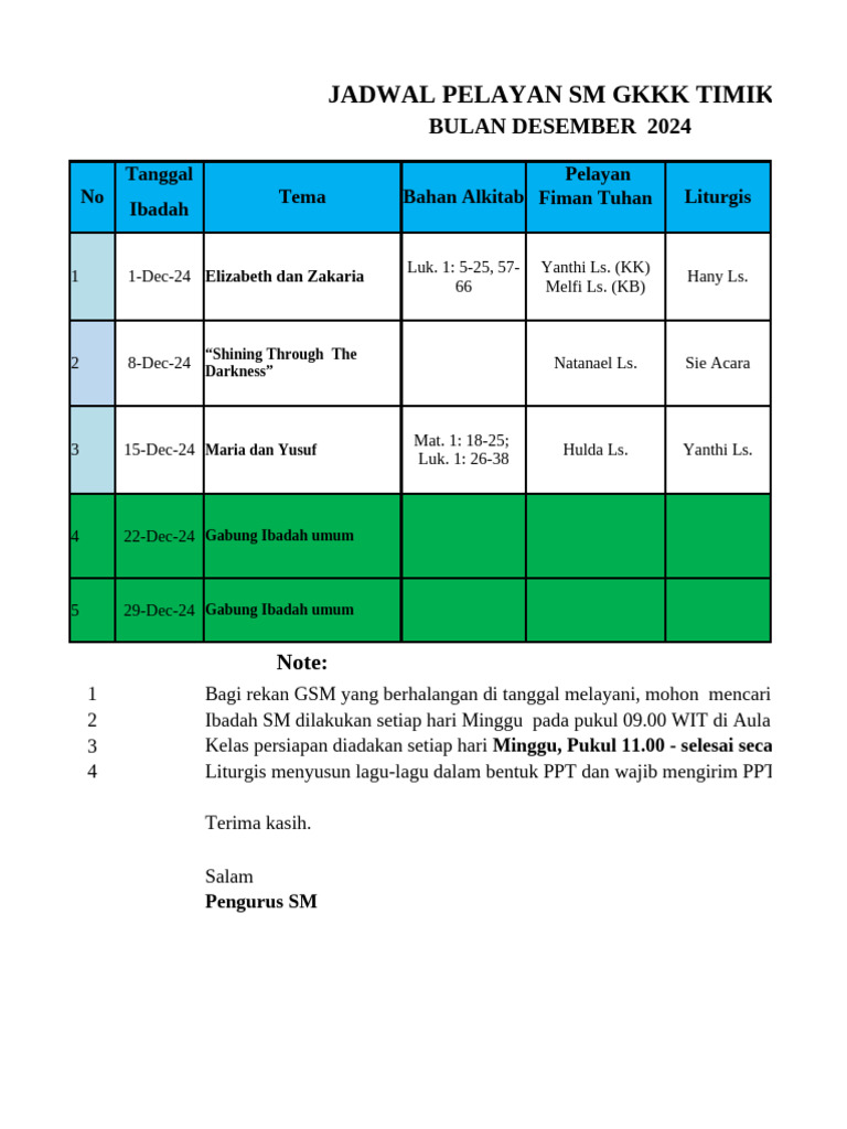 Jadwal Pelayanan SM GKKK Timika Des 2024 | PDF