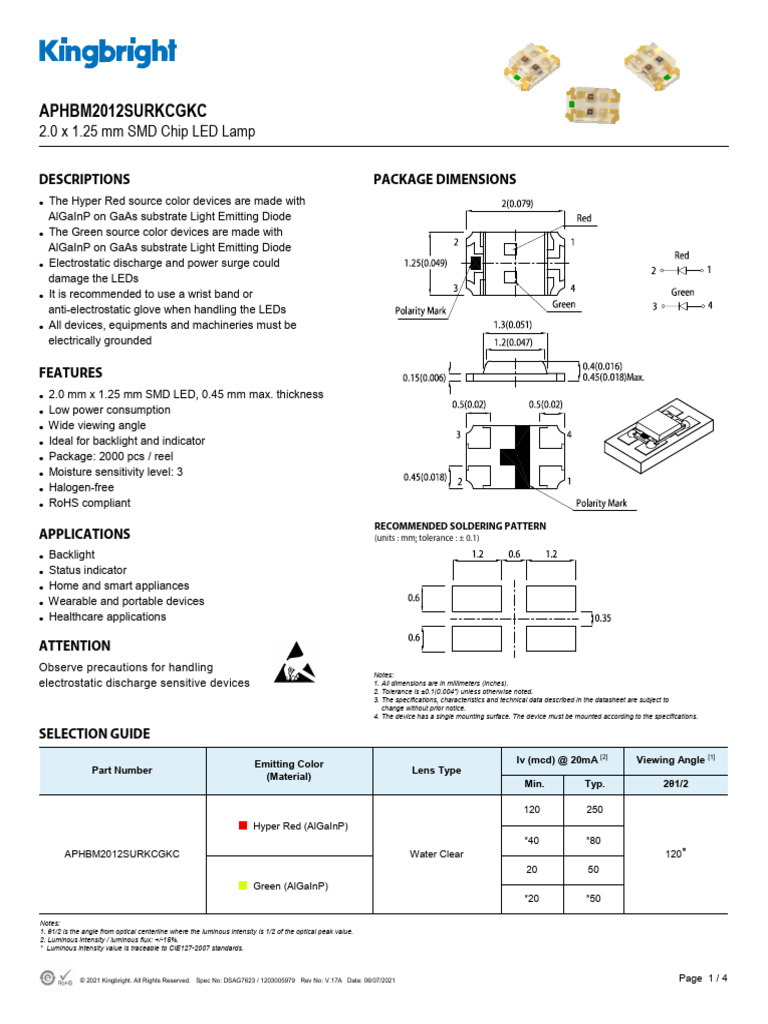 APHBM2012SURKCGKC | PDF | Light Emitting Diode | Green