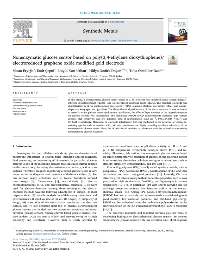 Nonenzymatic Glucose Sensor Using PEDOT-ERGO | PDF | Graphene ...