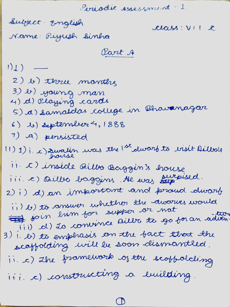 Name - Piyush Sinha, Class 7c English Periodic Test 1 | PDF