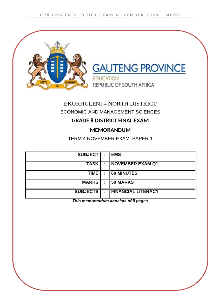Grade 8 EMS November Exam Memo | PDF | Business Economics | Financial ...