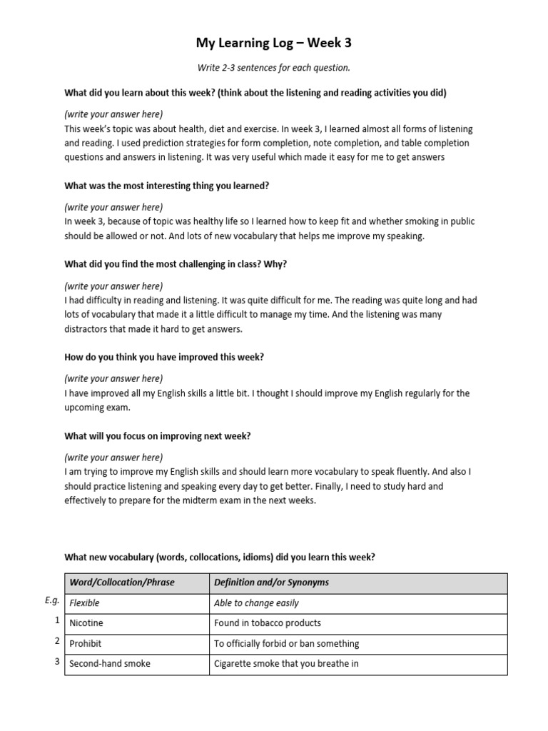 Week 3 learning log pdf vocabulary english language