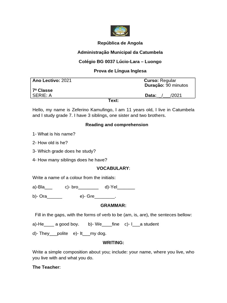 Prova Da 7 e Chave 2 | PDF | Applied Linguistics | Linguistics