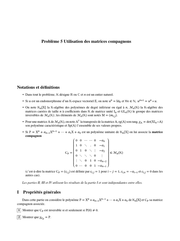 Problèmes sur les matrices compagnons | PDF | Matrice (Mathématiques ...