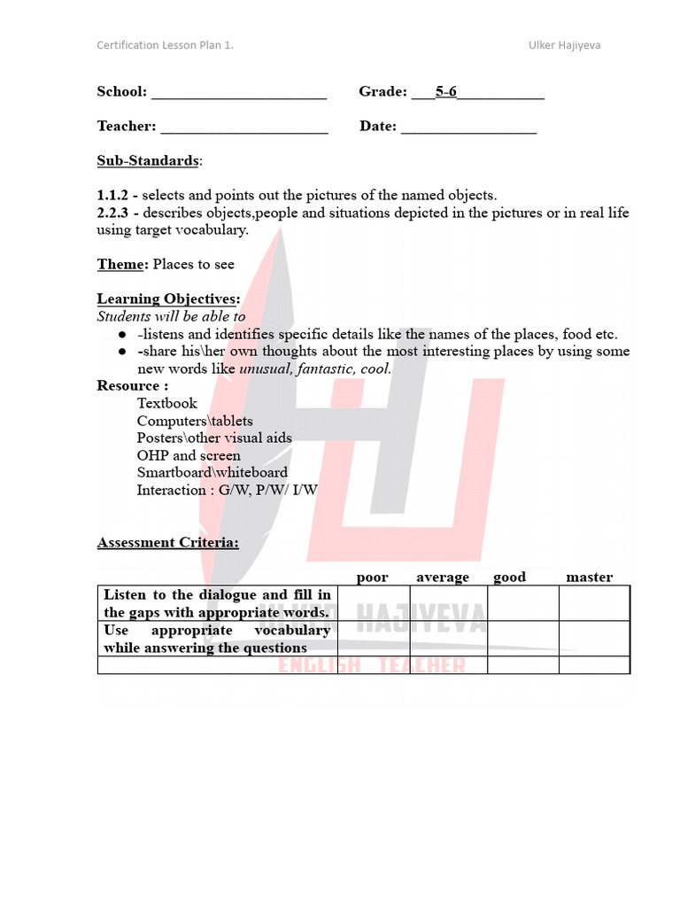 Sert.1 Lesson Plan | PDF | Lesson Plan | Vocabulary