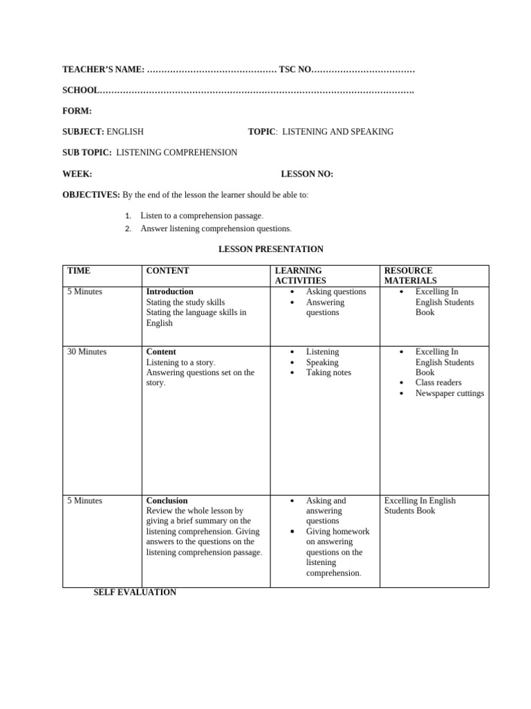 Listening Comprehension Lesson Plan Pdf