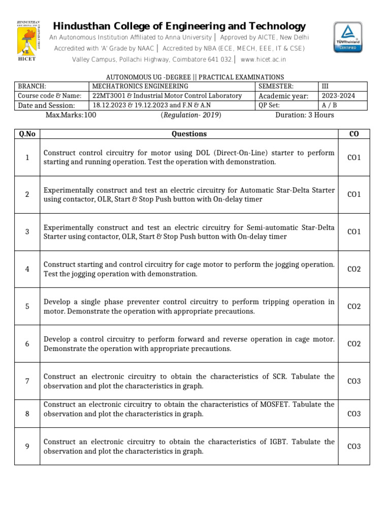 Question - Paper - 22MT3001 - Industrial Motor Control Laboratory | PDF ...