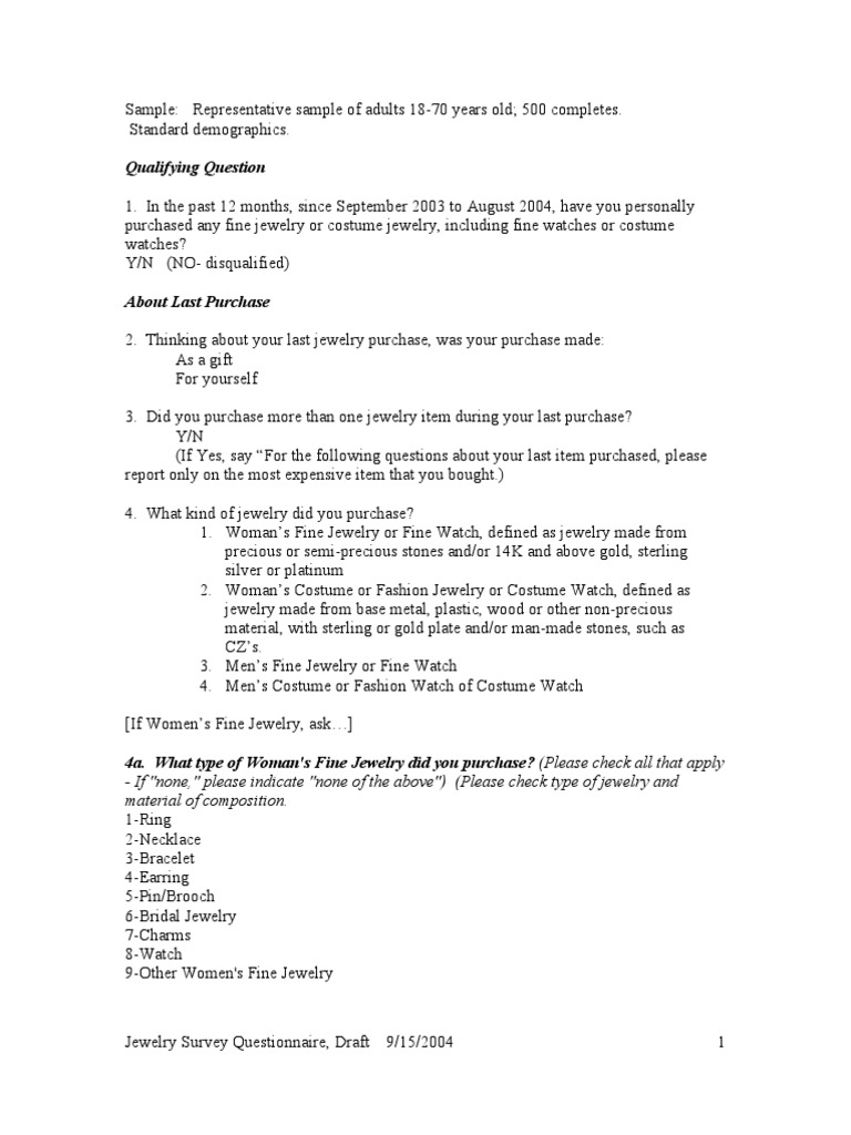 Jewelry 2004 Survey Questionnaire Draft Gemstone Jewellery