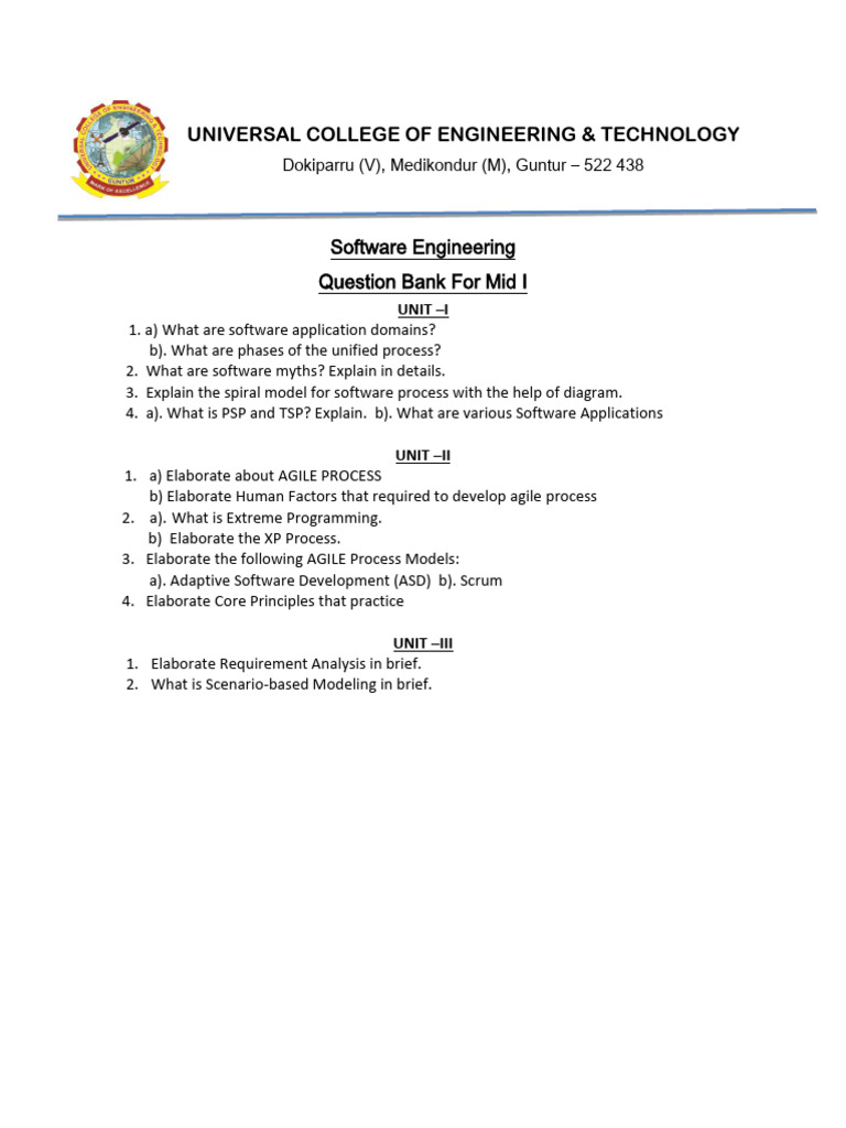 Software Engineering Mid I Question Bank | PDF
