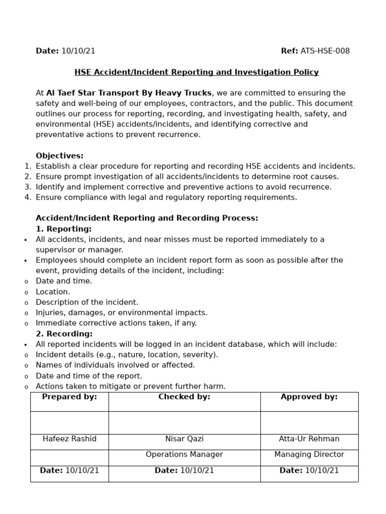 HSE Accident-Incident Reporting and Investigation Policy | PDF | Safety