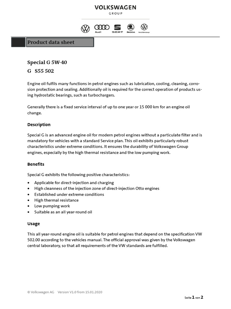 Special G 5W-40 Engine Oil Datasheet | PDF | Motor Oil | Applied And ...