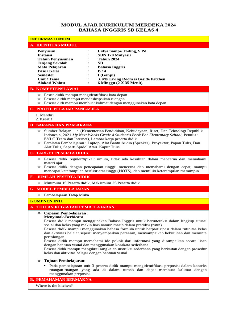 Modul Ajar Bahasa Inggris SD Kelas 4 | PDF