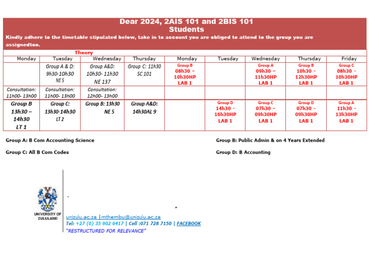 2024 Class Timetable for 2AIS & 2BIS Students | PDF