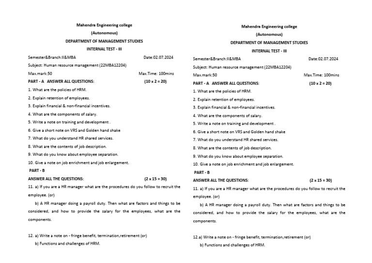 Human Resource Management Question Paper | PDF | Human Resource ...