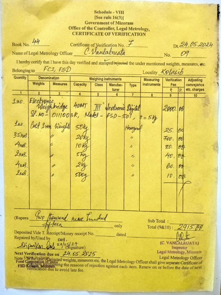 Mizoram Legal Metrology Verification Certificate | PDF