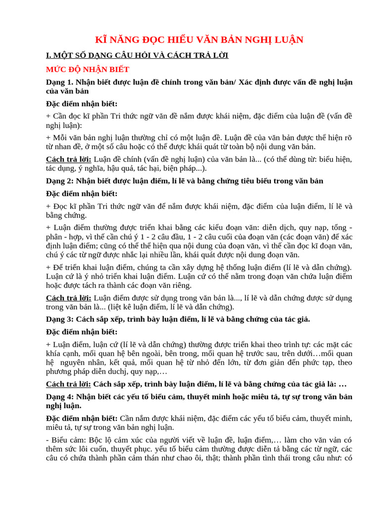 ĐỀ ÔN TẬP KĨ NĂNG ĐỌC HIỂU VĂN BẢN NGHỊ LUẬN | PDF