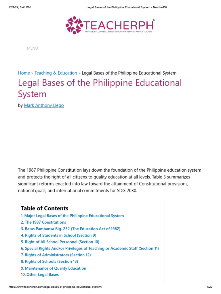 Legal Framework of Philippine Education | PDF | Citizenship | Teachers