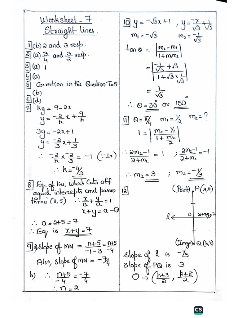 Class 11 - Worksheet7 - ST - Lines Solutions | PDF