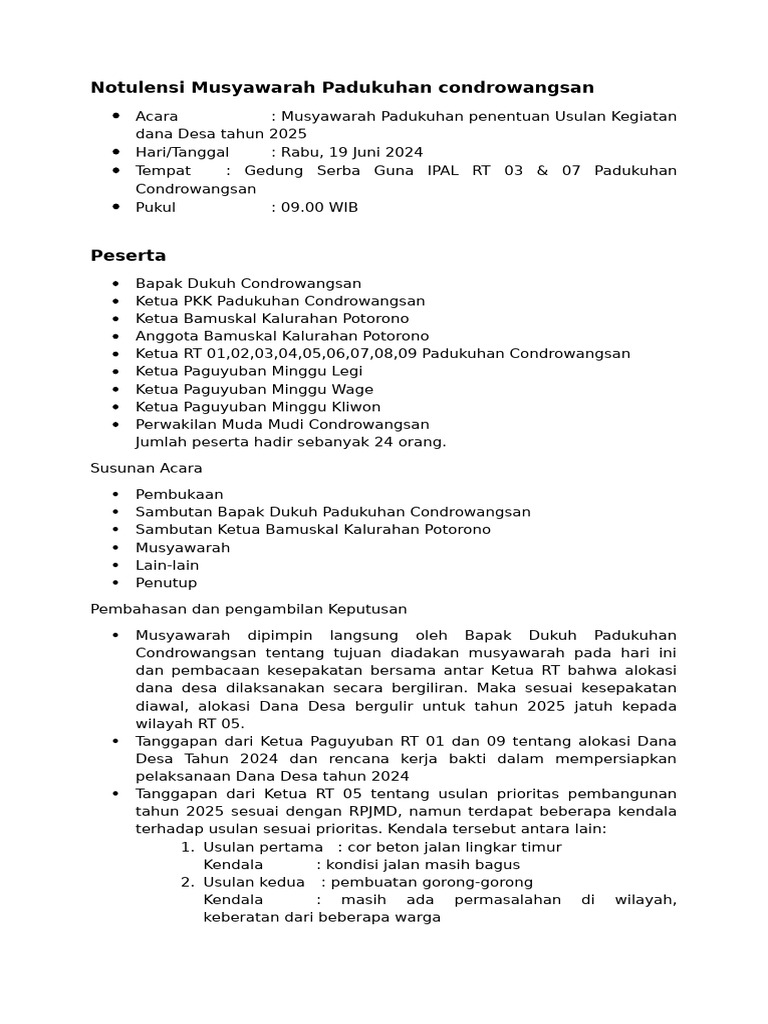 Notulensi Musyawarah Padukuhan 2024 | PDF