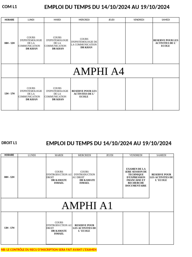 Emploi du temps L1 : 14-19 Octobre 2024 | PDF