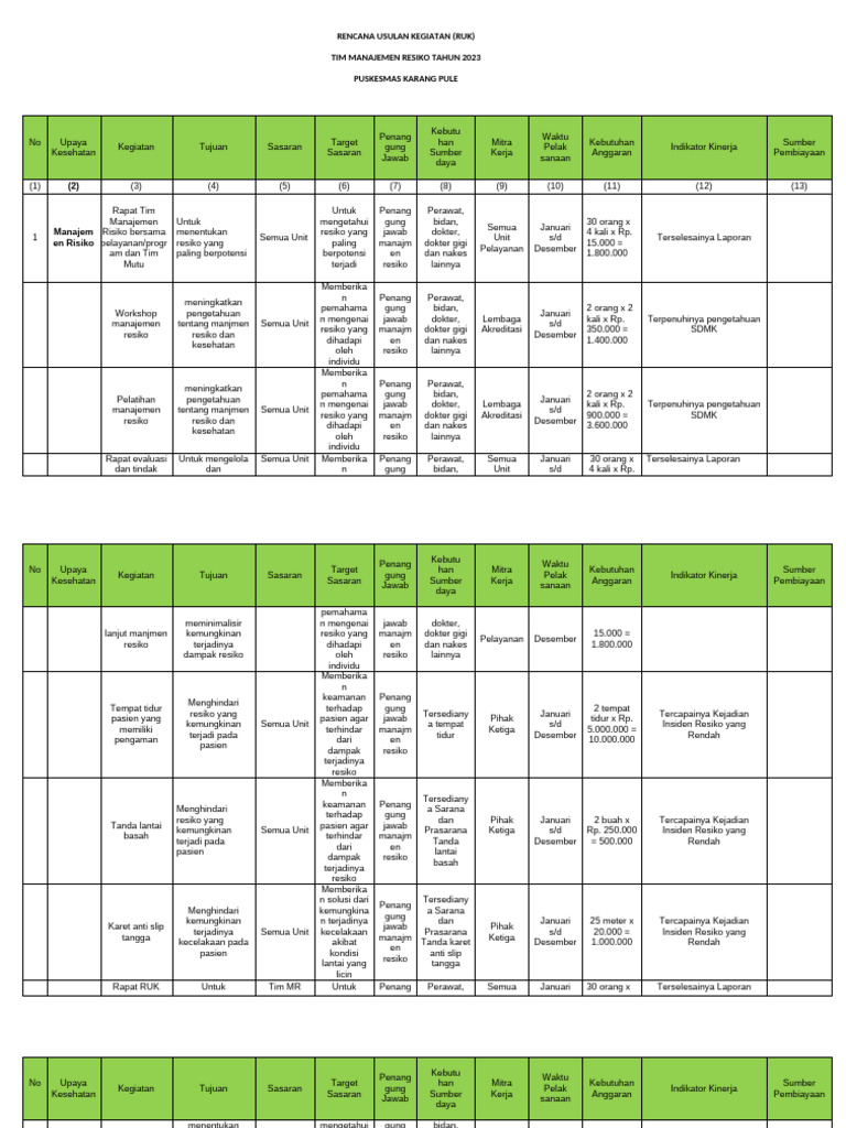 RENCANA USULAN KEGIATAN (RUK) MANAJEMEN RESIKO 2024 | PDF