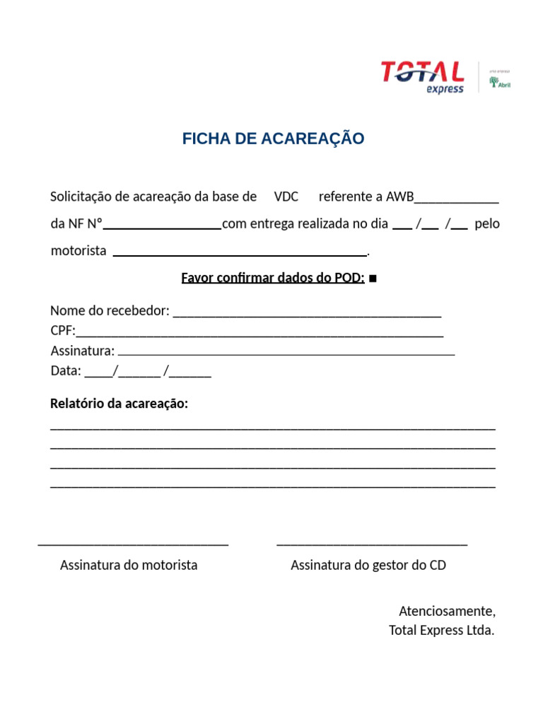 Ficha de Acareação de Entrega | PDF