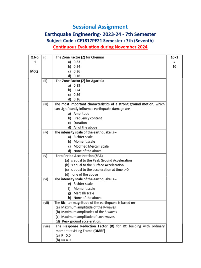 Sessional Assignment 2024 7thsem Eartquake Engineering | PDF ...