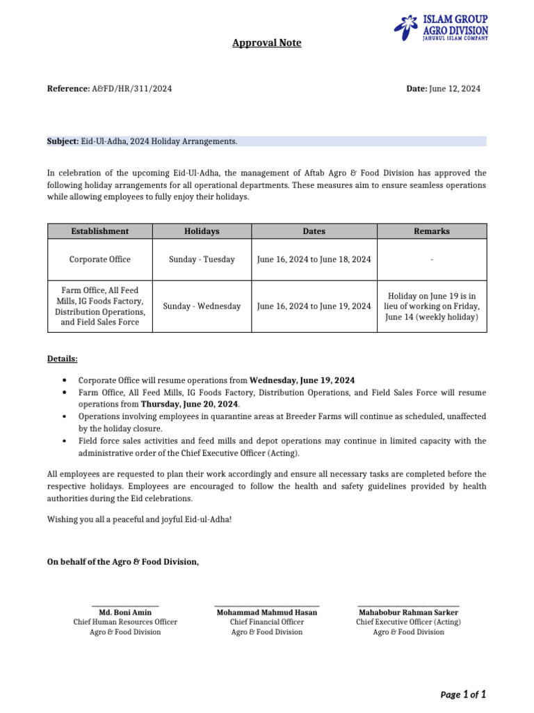 Eid-Ul-Adha 2024 Holiday Schedule | PDF
